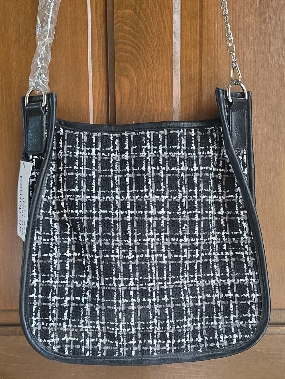 NEW Ah•dorned Black & White Tweed Crossbody with Removable Silver Chain Strap